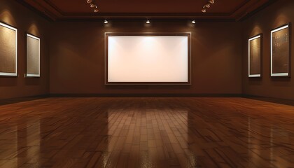 A single, large blank picture frame on a dark brown wall in a gallery, the polished wooden floor reflecting the soft spotlights from above.