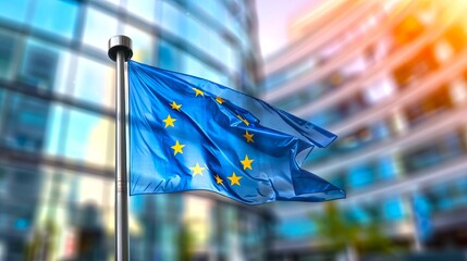 European Union flag waving in front of a modern glass building. The vibrant blue flag with yellow stars symbolizes unity and cooperation. Capturing a sense of identity and community in Europe. AI.