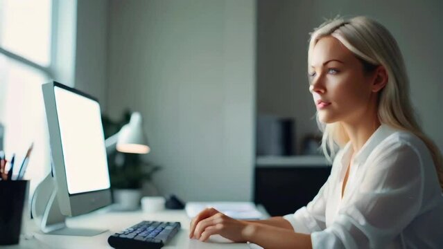A woman is sitting at a desk in an office. She is wearing a white blouse and has blonde hair. She is looking at the computer screen and typing on the keyboard.
