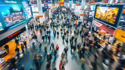 A bustling floor at an international technology exhibition and crowds walking between them in motion blur.