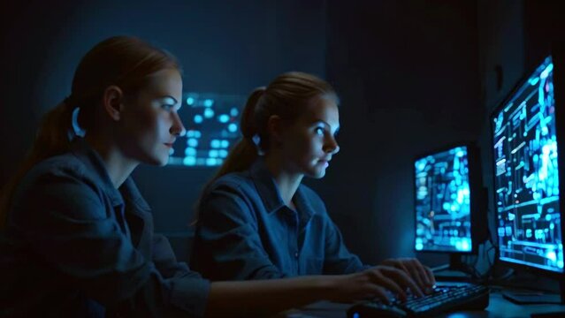 Two women are sitting in a dark room looking at computer screens. The screens are filled with code.