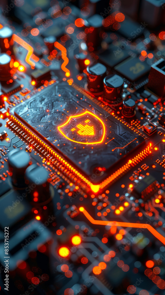 Poster futuristic security technology with shield symbol on microchip, data flow on advanced motherboard, h