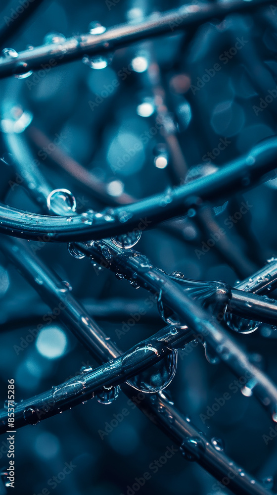 Poster Intricate Tangle of Wires with Water Drops, Abstract Background in Low Light, Flowing Connection and Technology Concept
