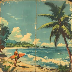  vintage tropical beach scene portrays a surfer walking towards the waves, framed by lush palms and azure skies.