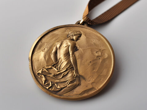 a gold medal with a woman on it