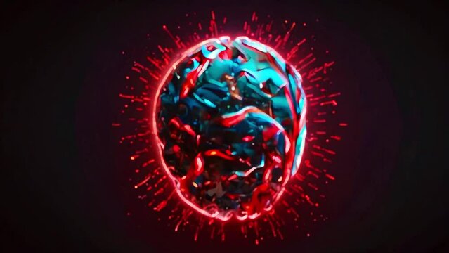 The video is of a three-dimensional rendering of a brain. The brain is blue and red and surrounded by a red, spiky aura.