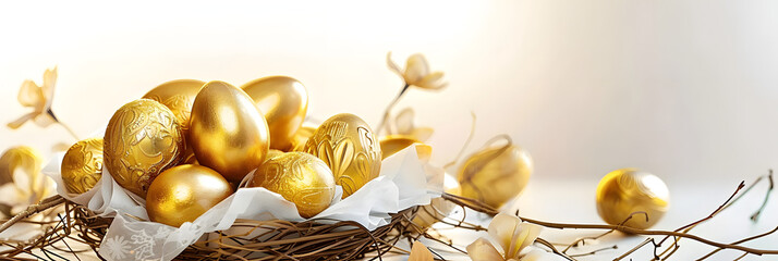 Easter themed banner with a beautiful display of golden chocolate eggs in an egg basket nestled on white paper to resemble a cozy nest Perfect for celebrating the joyous Easter holiday Includes copy