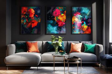 a living room with a couch and art on the wall