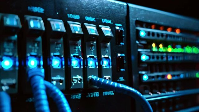A close up of a black server with blue and green lights and several cables plugged into it.
