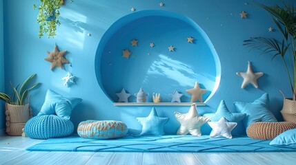 Naklejka premium A Blue Playroom Designed For Baby Boys, Filled With Soft Toys And Playful Decor, High Quality, HD