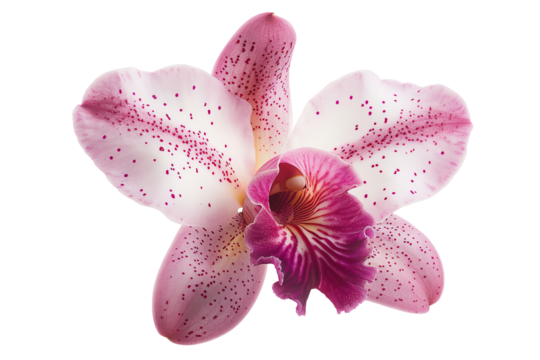 The image shows a beautiful orchid flower with pink petals and a yellow center. The edges of the petals are lined with tiny pink dots, isolated on transparent background.