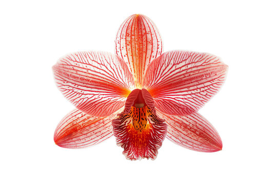 The image shows a beautiful orchid flower with pinkish-red petals and a yellow-orange center, isolated on transparent background