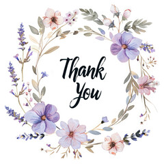 Thank you card in a bouquet of lavender, cotton flowers and rustic leaves on a white background