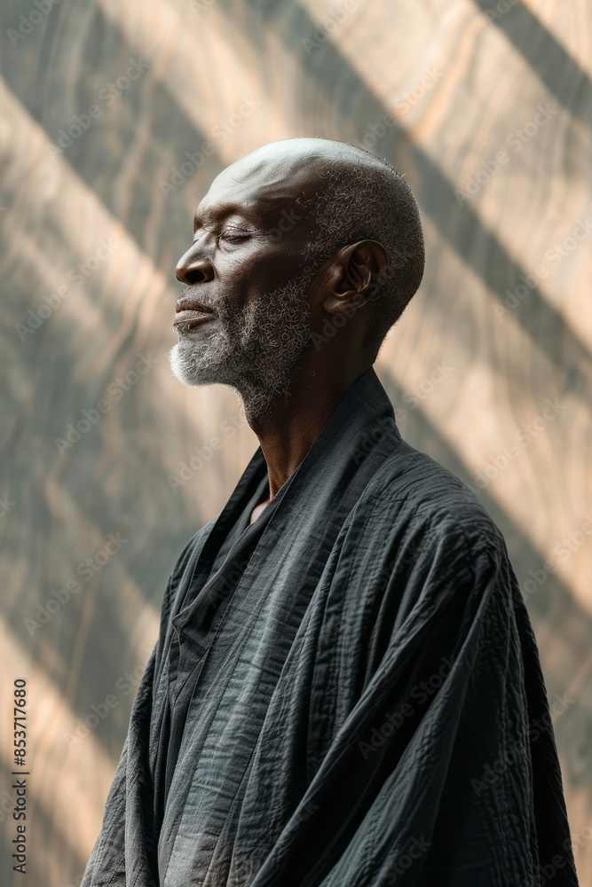 Poster elegant depiction of a monk meditating in a minimalist room with soft lighting,
