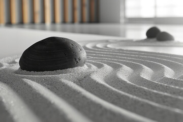 Minimalist aesthetic image of a Zen garden with carefully raked sand and a few stones,