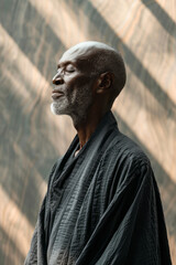 Elegant depiction of a monk meditating in a minimalist room with soft lighting,