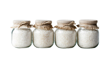 a row of glass jars with white rice