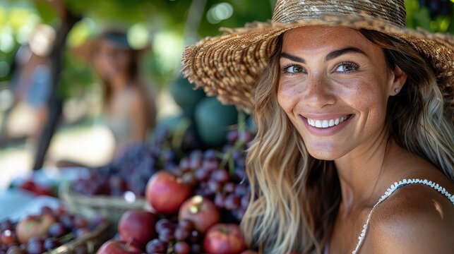 Cheerful woman in a straw hat with vibrant eyes enjoying fresh grapes outdoors in a sunny vineyard, depicting enjoyment