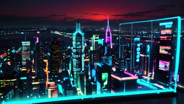 The video shows a futuristic city at night with skyscrapers and a glowing purple and blue sky.