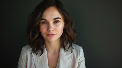 Fototapeta premium A woman with dark hair and brown eyes stares intently at the camera