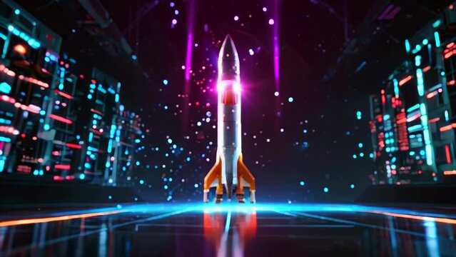 This is an illustration of a rocket ship on a launch pad. The rocket is mostly white with a red nose cone and there are glowing lights surrounding it.