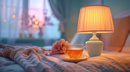 A Bright Bedside Lamp Illuminates A Clear Cup Of Tea, Offering Warmth And Comfort Within Arm'S Reach Of The Bed, High Quality, HD