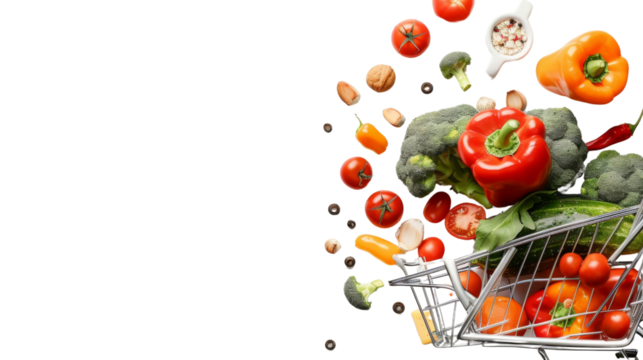 Shopping cart with grocery  on white background