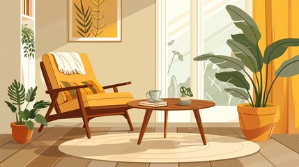 Vector of interior design with wooden coffee table setup.