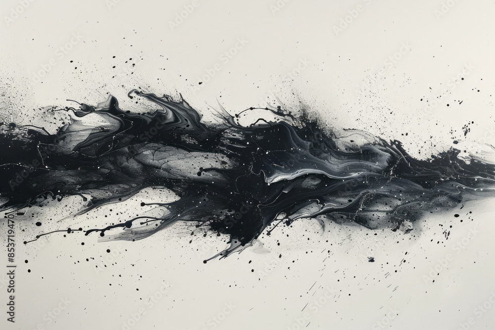 Poster minimalist abstract painting with delicate splatters of ink on a clean white canvas,