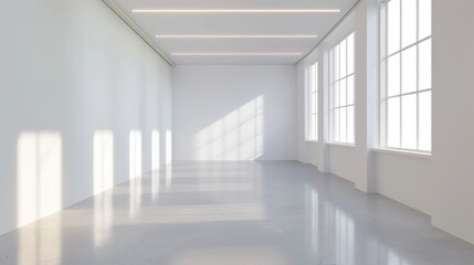 Fototapeta premium Empty, brightly lit room with white walls and floor, large windows with multiple panes, and linear lighting along the ceiling