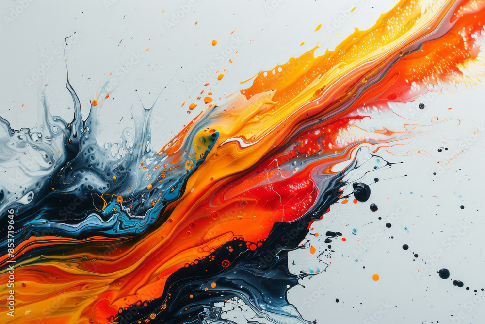 Poster minimalist abstract painting with a single splash of vibrant color on a white background,