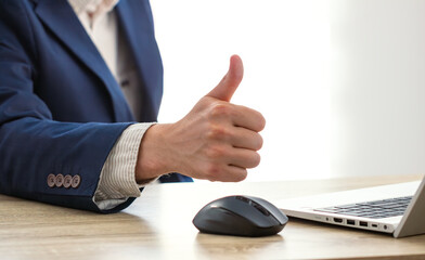 thumb up, man shows class gesture, business success investor concept, business investment success...