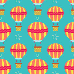 Seamless pattern with a summer and travel theme with an image of a hot air balloon and a silhouette of a starfish on a light blue background. Flat illustration.