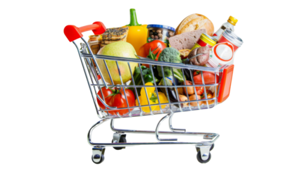 Shopping cart with grocery  on white background