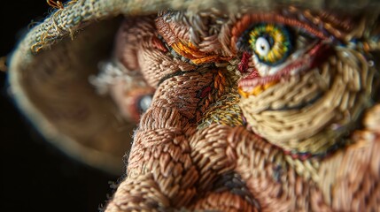 A close-up of a handmade doll with a focus on the eye. The doll is made of yarn and has a realistic appearance.