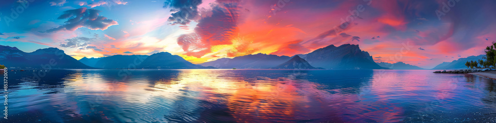 Wall mural panoramic view of colorful sunset over calm sea lake with mountain range background - Wall murals