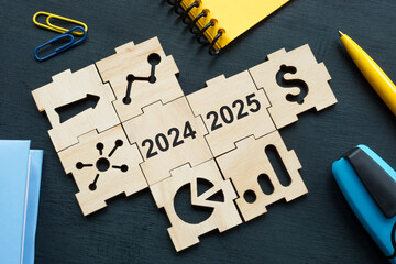 Pieces of a puzzle with elements of a financial plan or KPI for 2024 and 2025.
