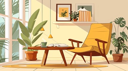 Fototapeta premium Vector of interior design with wooden coffee table setup.