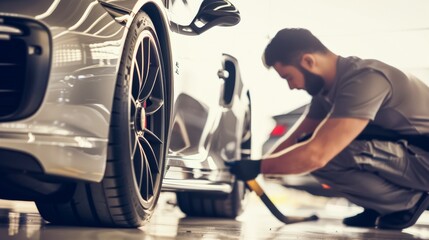Man in luxury garage applying racing car decals