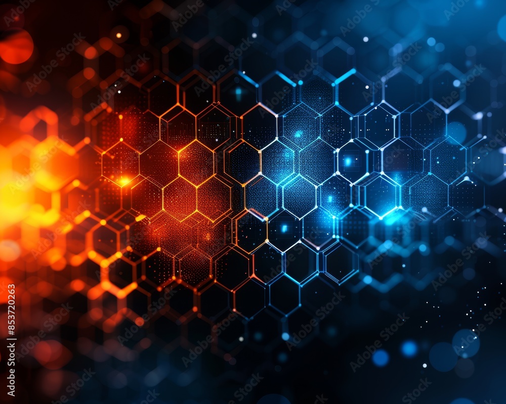 Poster Abstract hexagonal pattern with vibrant red and blue lights, creating a futuristic digital background. Perfect for technology themes.