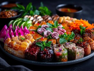 A vibrant platter of assorted vegan dishes arranged beautifully, perfect for a healthy and delicious meal. Ideal for food photography.