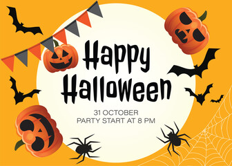 Halloween sale facebook cover page timeline, web ad banner template with pumpkins, bats and cloud on orange background | Modern layout concept design.