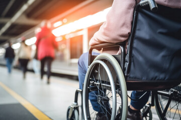 Obraz premium a person with disabilities in a wheelchair at the station, accessibility of transport for disabled people, close-up
