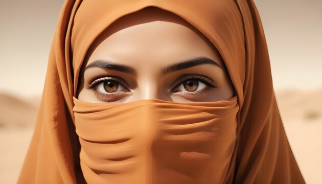Arabic afghan arabian woman in a traditional orange veil burka niqab burqa close up portrait