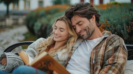 Obraz premium A cheerful couple enjoys a moment of intimacy while reading a book outdoors, sharing smiles