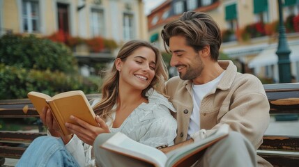 A radiant couple engaged in reading a book together, exuding happiness and connection