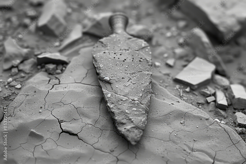 Poster simple image of a flint arrowhead, placed on a plain, smooth surface,