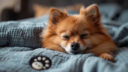 A Close-Up Of A Lazy Pomeranian, Cozily Napping On The Bed, High Quality, HD
