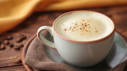 Delicious cappuccino with frothy foam, coffee bean topping, and a cup handle visible, against a wooden background
