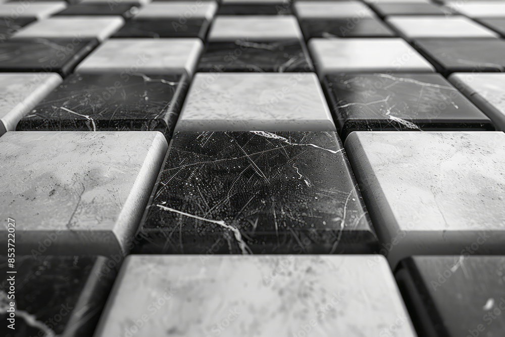 Poster elegant photo of a pattern of black and white squares that create a visual illusion of a 3d cube,